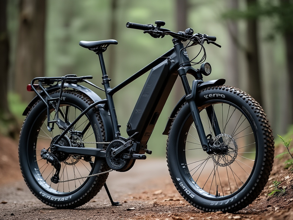 An Electric bike parked on a narrow path in a forest