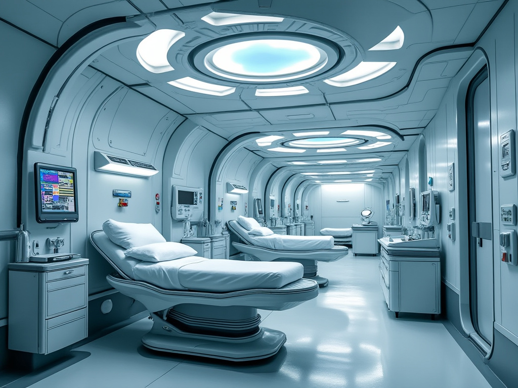 A futuristic hospital room, with empty beds