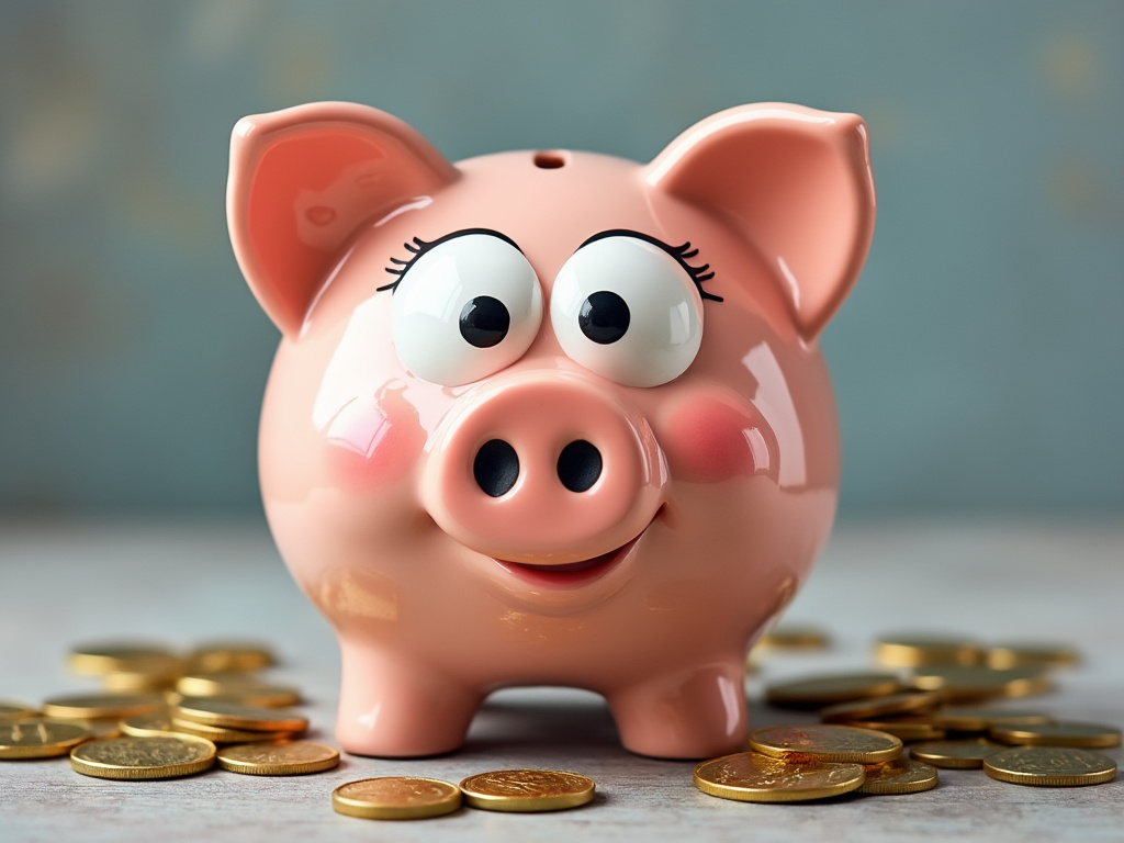 A piggy bank with coins on top of a table