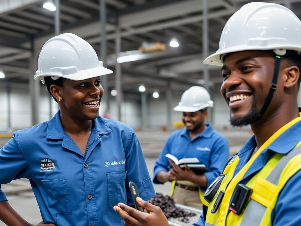 Three happy employers of Dangote Group working in a factory. The richest man in nigeria company.