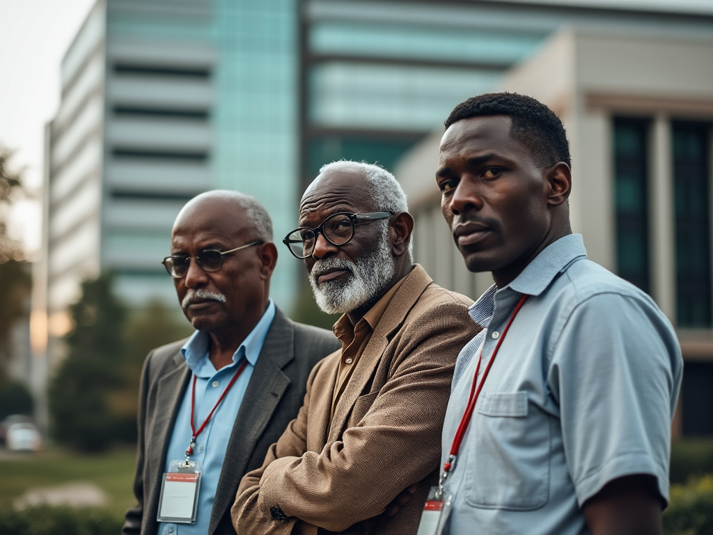 Three men standing beside each other and looking directly at the camera