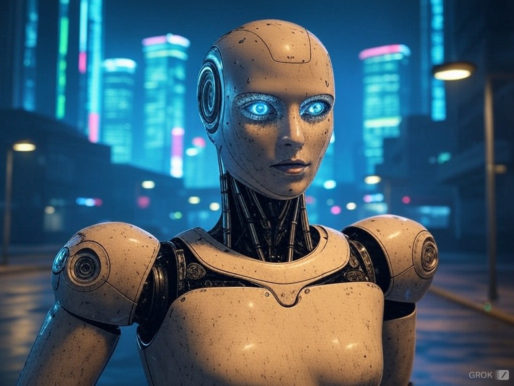 A robot that is created in form of a female human with eyes that are lit looking at someone who is learning AI as a tech skill