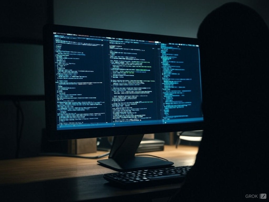 A monitor on a desk with the keyboard and a man in a hoodie who appeared to be coding in a secret hideout