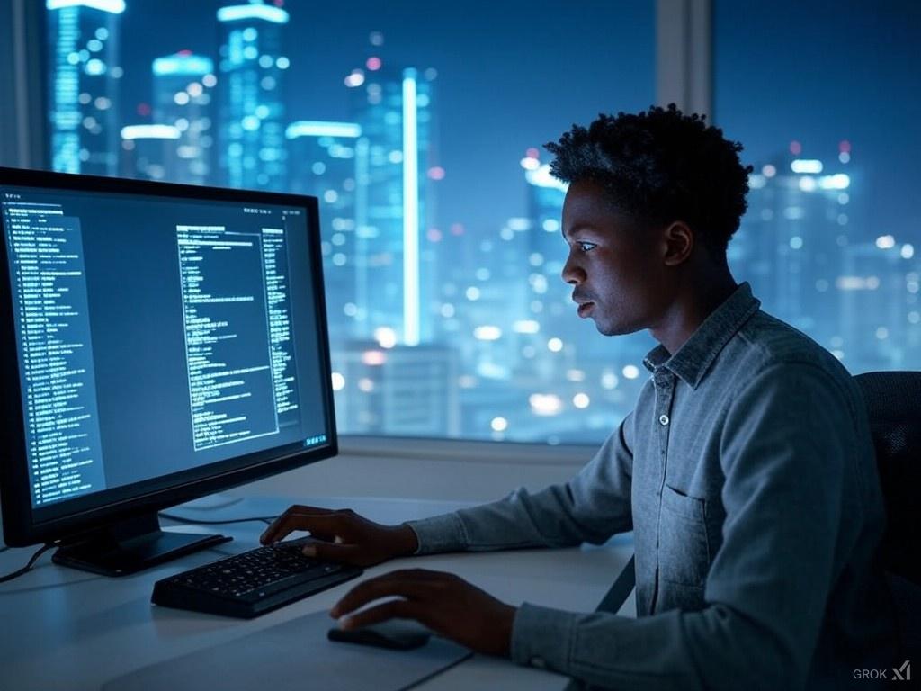 An african software engineer working on a desktop with a beautiful city view by the window side. Developing an app