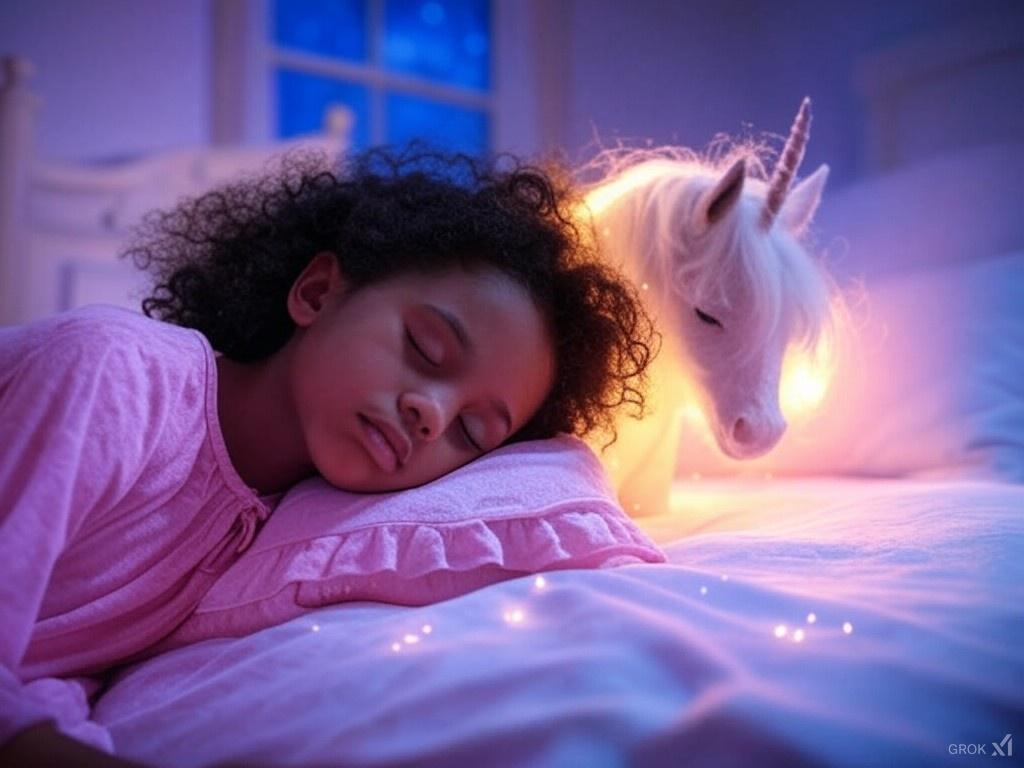 A girl sleeping on a comfortable bed with pink pillows dreaming about a unicorn