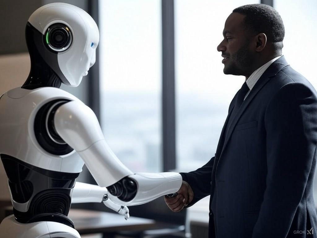 Tesla's humanoid robot standing face to face with an african man and firmly shaking hands