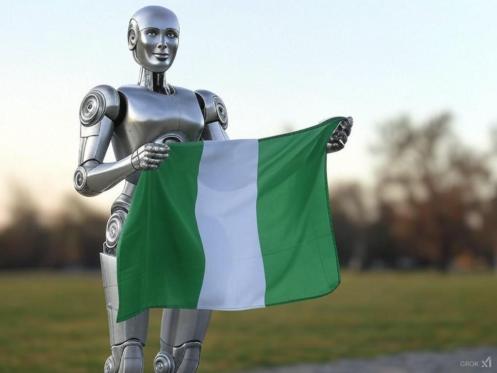 A robot standing on a narrow path in a field, holding the Nigerian flag stretch in full length