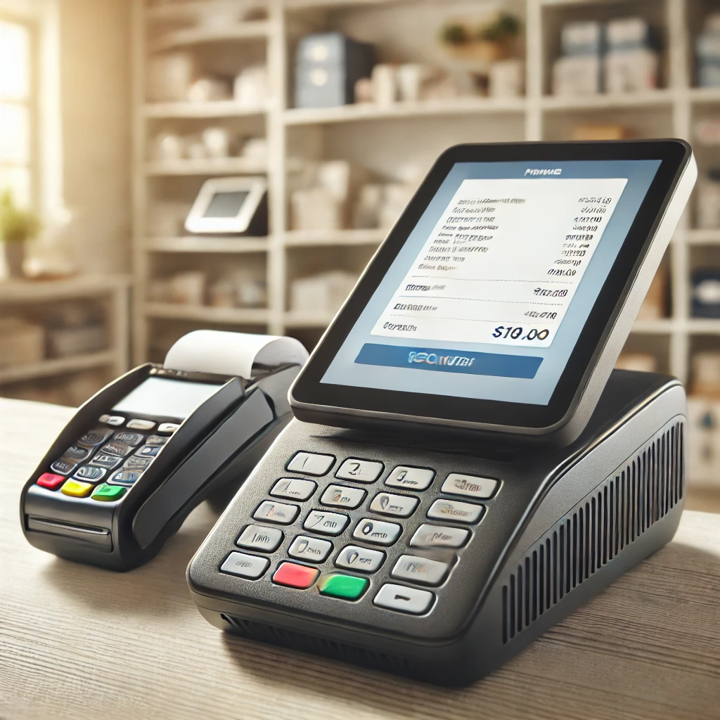 A modern POS (Point of Sale) machine placed on a counter, with a touchscreen interface displaying a transaction in progress. The machine has a card