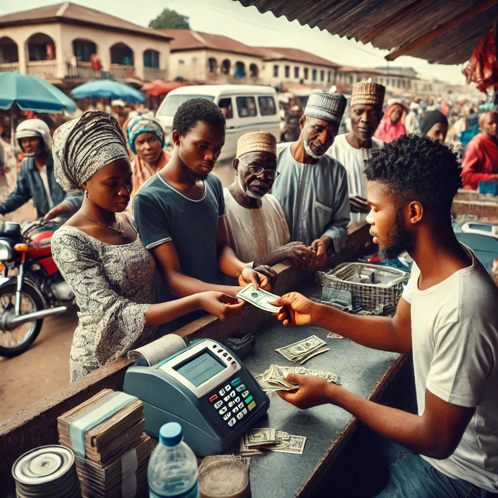 A group of people gathered around a Nigerian POS (Point of Sale) operator at a small outdoor kiosk, collecting cash after a transaction. The operator