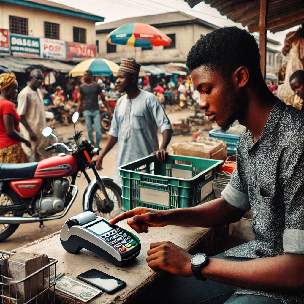 A Nigerian POS (Point of Sale) operator sitting at a small outdoor kiosk, processing a transaction for a customer. The operator is a young man wearing