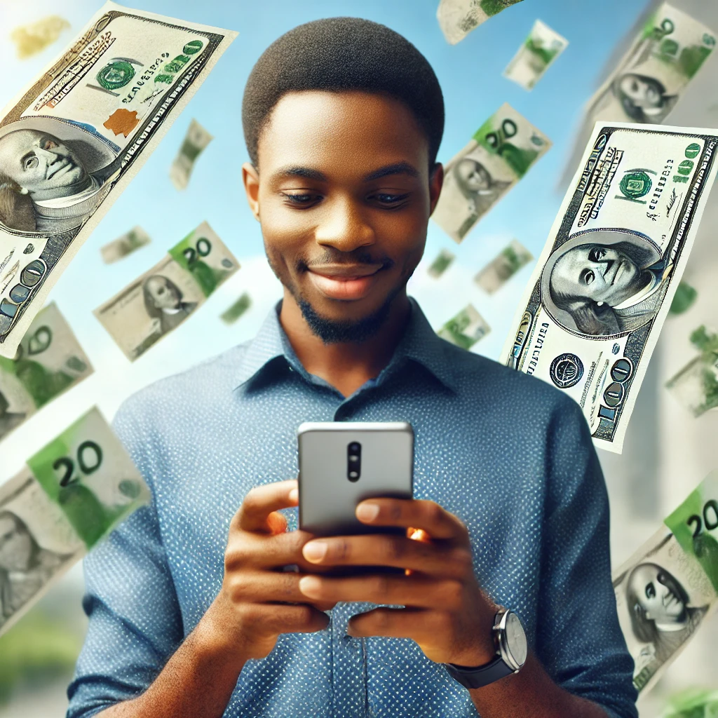 A Nigerian person using a smartphone, with money floating in the background. The person looks happy and focused on the screen. doing an online job in nigeria that pays daily without investment