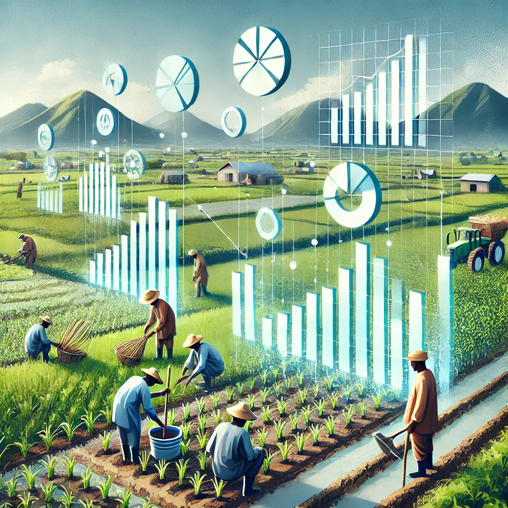 An illustration of Nigerian farmers working on agricultural land with statistical charts floating above them, representing data collection for economies