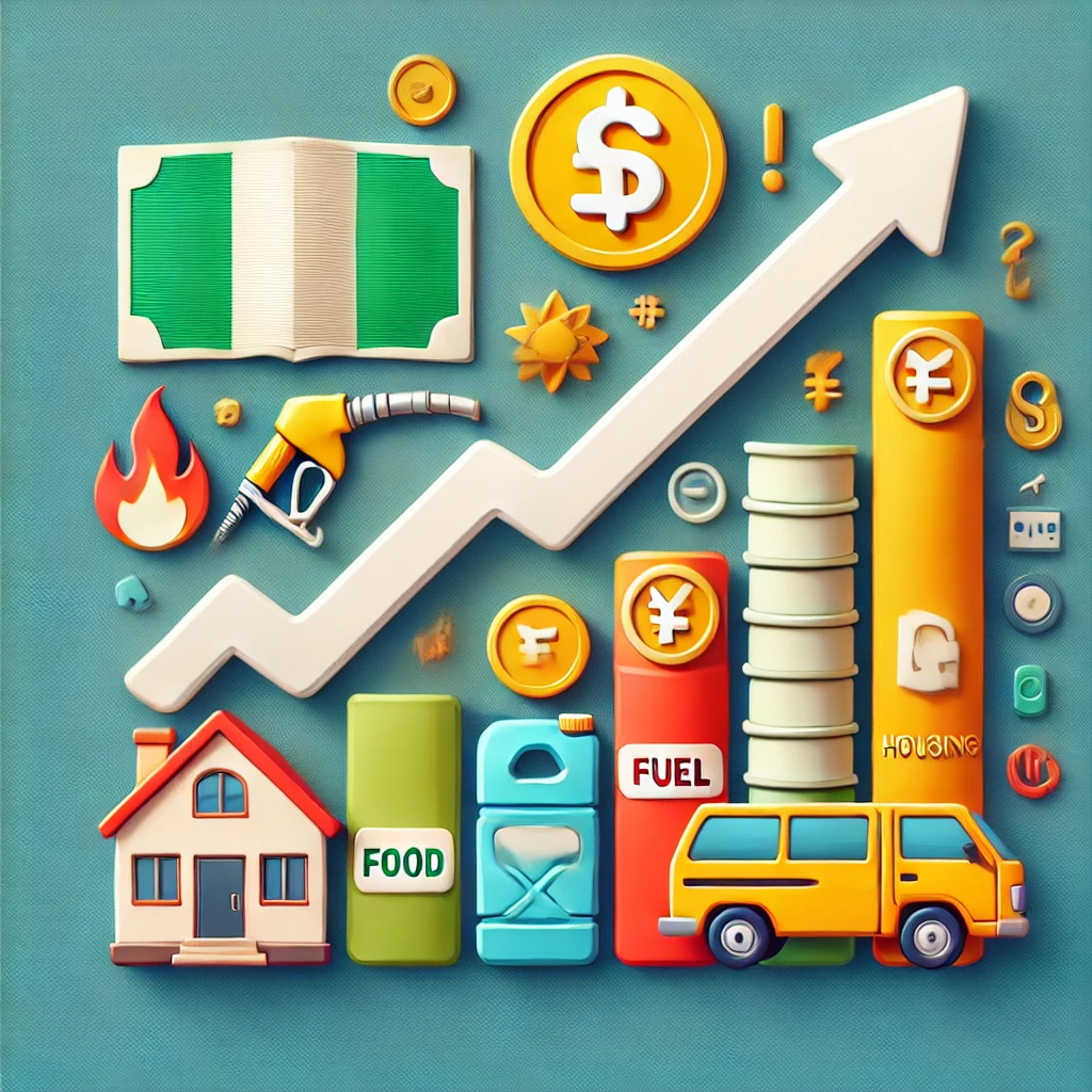 A visual representation of inflation in Nigeria, showing a rising price graph with icons of food, fuel, and housing. Include a Nigerian currency symbol