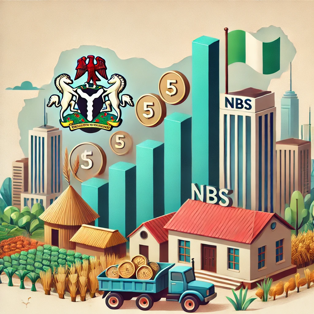 An illustration representing economic growth in Nigeria, featuring a bar chart, Nigerian currency (Naira), and the National Bureau of Statistics (NBS)